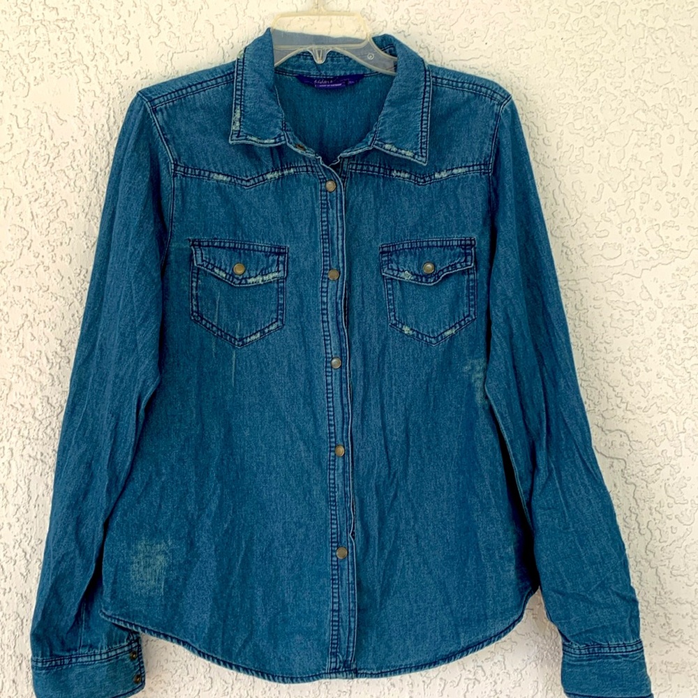 MILEY CYRUS MAX AZRIA  DISTRESSED JEAN BUTTON DOWN SHIRT SIZE XL